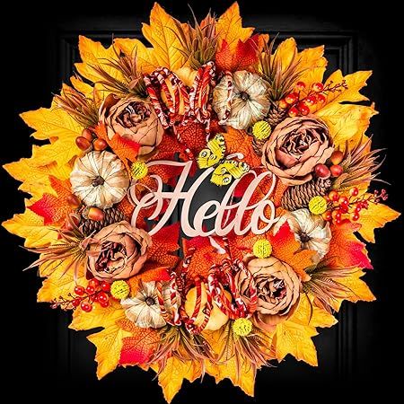 Soosubel Fall Wreaths for Front Door, Thanksgiving Wreath with Hello Sign Pumpkin Maple Leaf , 20... | Amazon (US)