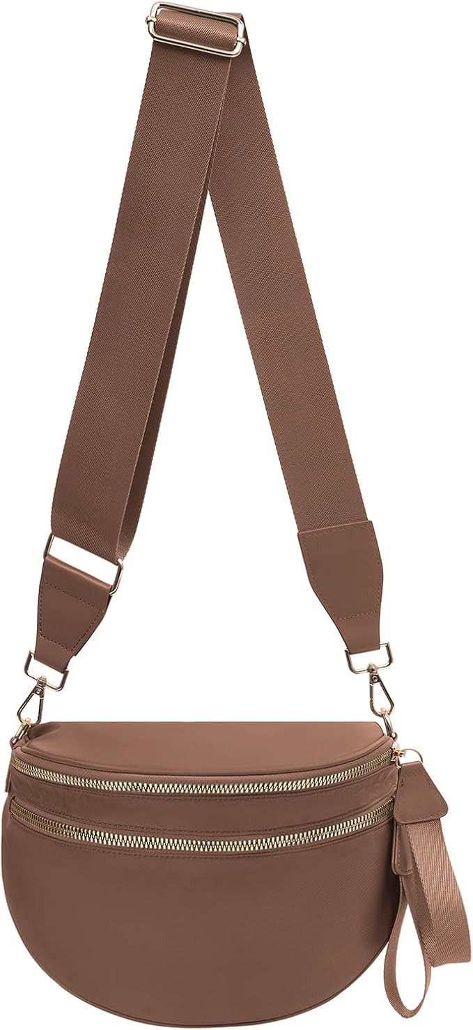 Nylon Crossbody Bags Bum Bag for Women Large Sling Bag Purse with Adjustable Strap（Caramel） | Amazon (US)
