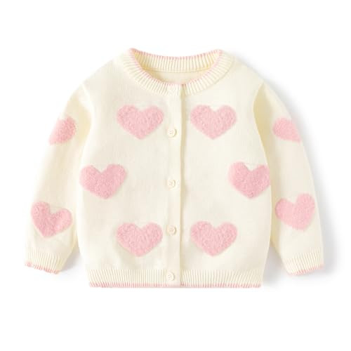 Cute Baby Girls Hearts Knit Cardigan Sweater, Toddler Loose Long Sleeve Shirts Warm Tops for Fall Winter Love Design (US, Age, 3 Years, 4 Years, Beige) | Amazon (US)