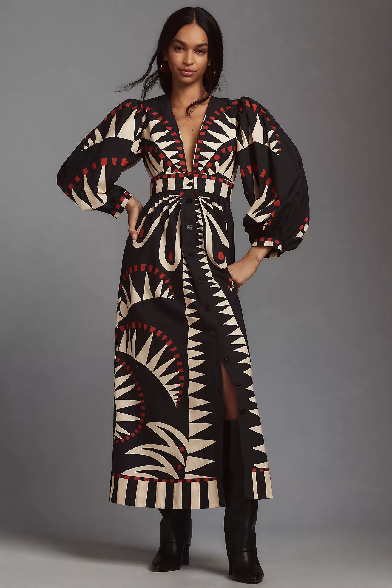 Farm Rio Coconut Grove Puff-Sleeve V-Neck Maxi Dress | Anthropologie (US)