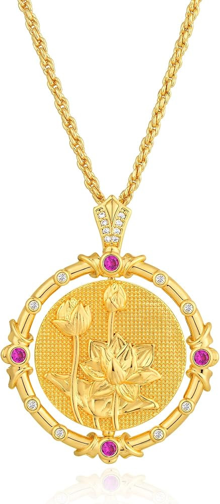 Fettero Gold Necklace for Women Birth Flower Necklace with Birthstone 14K Gold Plated Dainty Rota... | Amazon (US)