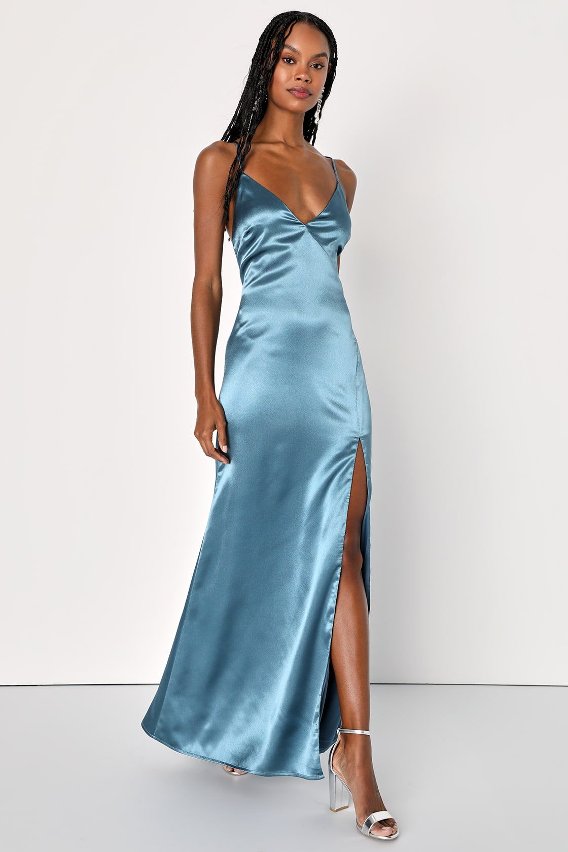 Stunning Approach Slate Blue Satin Lace-Up Maxi Dress | Lulus (US)