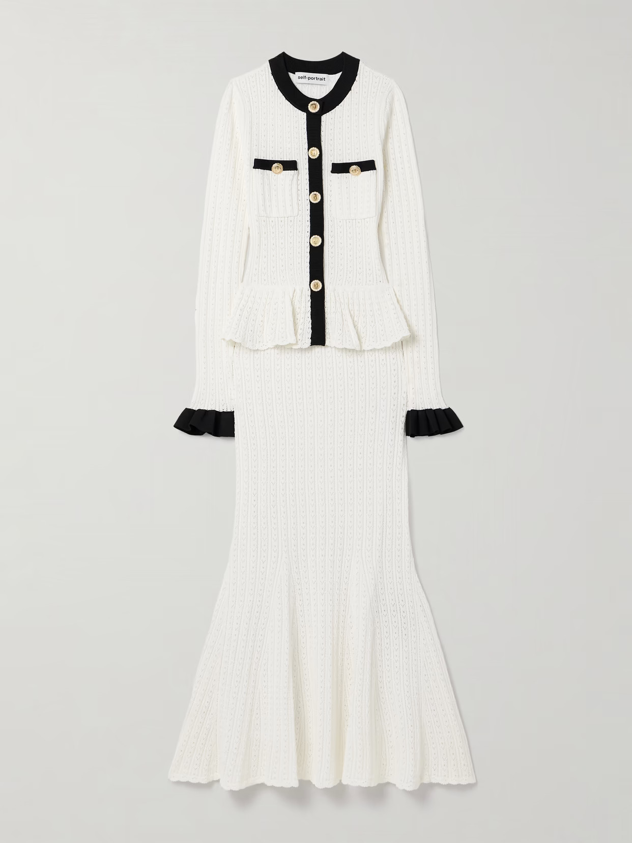 Self-Portrait - Pointelle-knit Peplum Midi Dress - White | NET-A-PORTER (US)