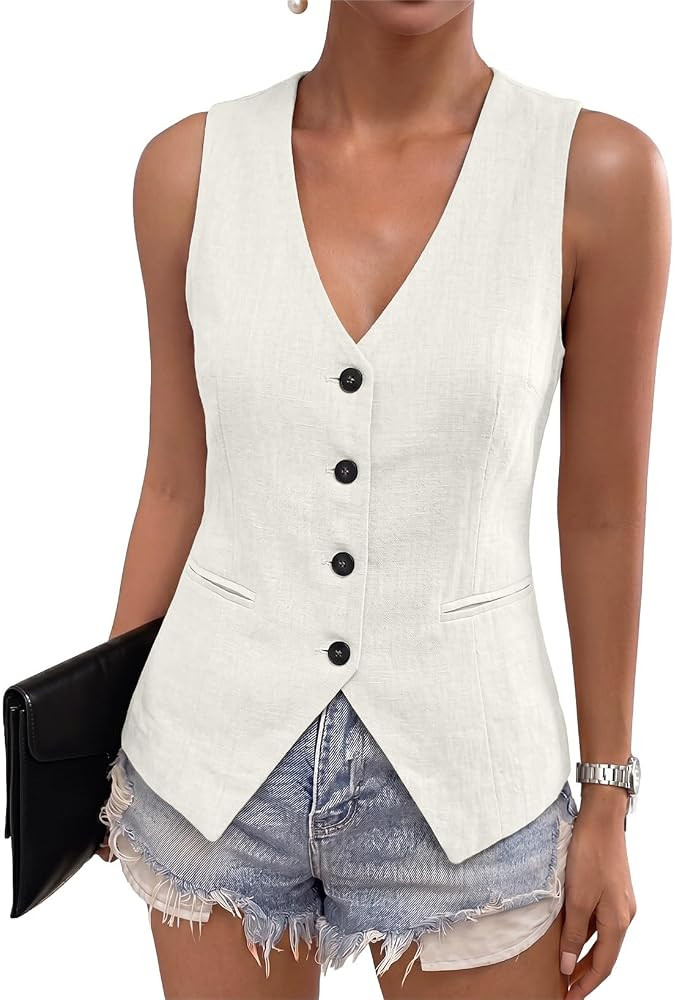 Dokotoo Womens Vest Dressy Casual V-Neck Button-Down Lined Suit Jacket Waistcoat Versatile Vests | Amazon (US)