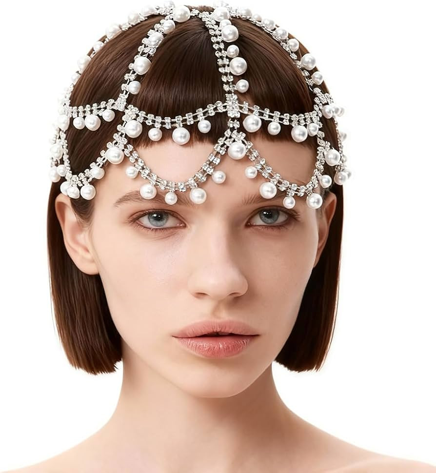 GORGECRAFT Pearl Flapper Mesh Cap Rhinestone Head Chain 1920s Wedding Pearl Headpiece Boho Silver... | Amazon (US)
