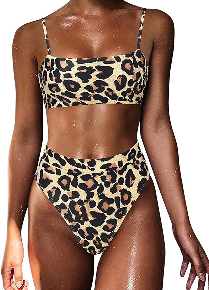 Women High Wasited Bikini Shoulder Strap 2 Piece High Cut String Swimsuits | Amazon (US)