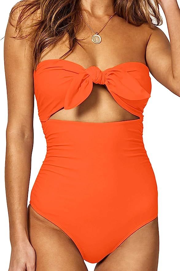 QINSEN Womens Sexy Strapless Tie Knot Front High Waist One Piece Swimsuit | Amazon (US)