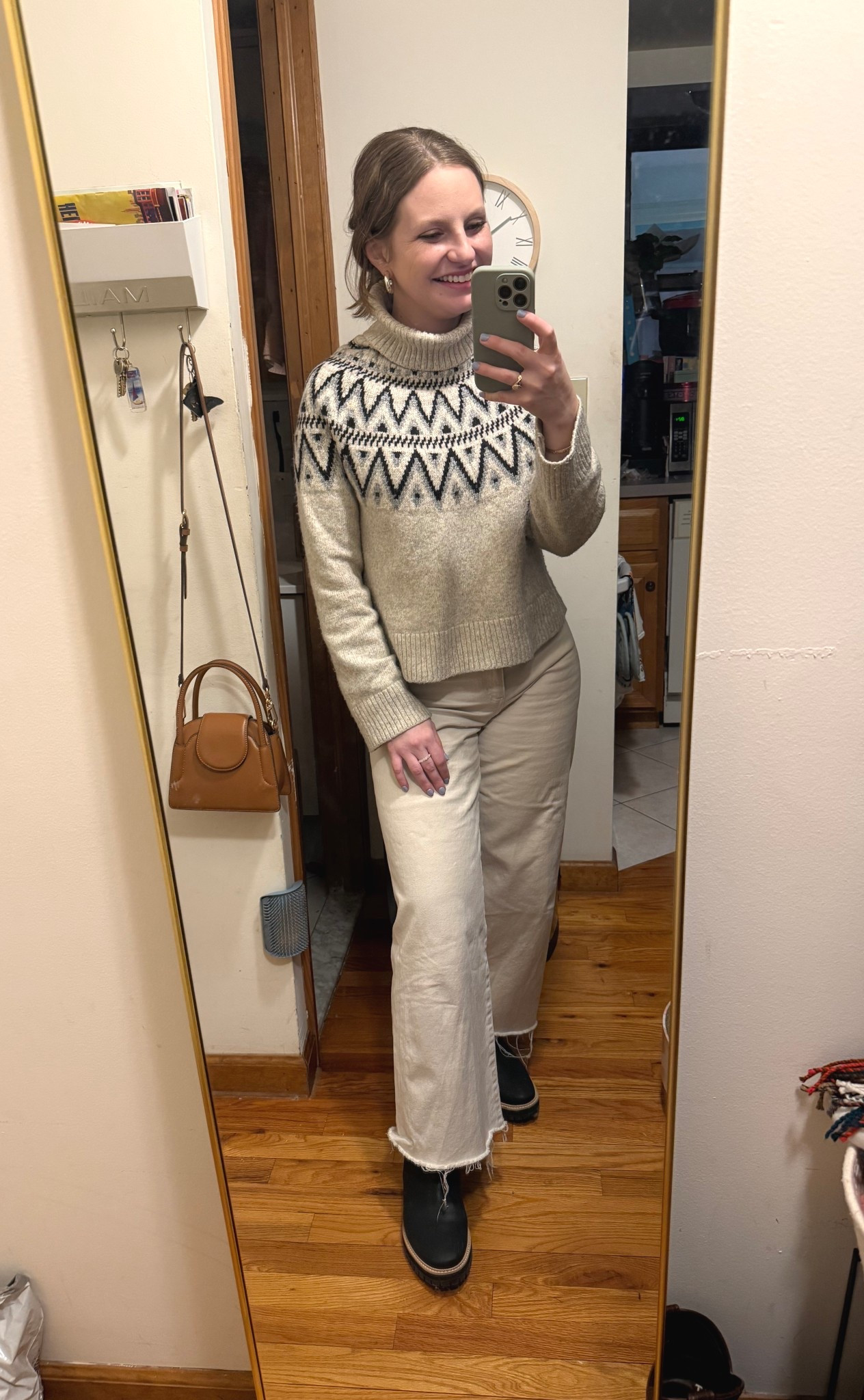 Slightly tired snow bunny look! 🐇 I layer a fitted ribbed tank under my weather and wear tights under my jeans for extra warmth.

Fair isle weather, wide leg jeans, cream jeans, winter outfit, casual outfit 
