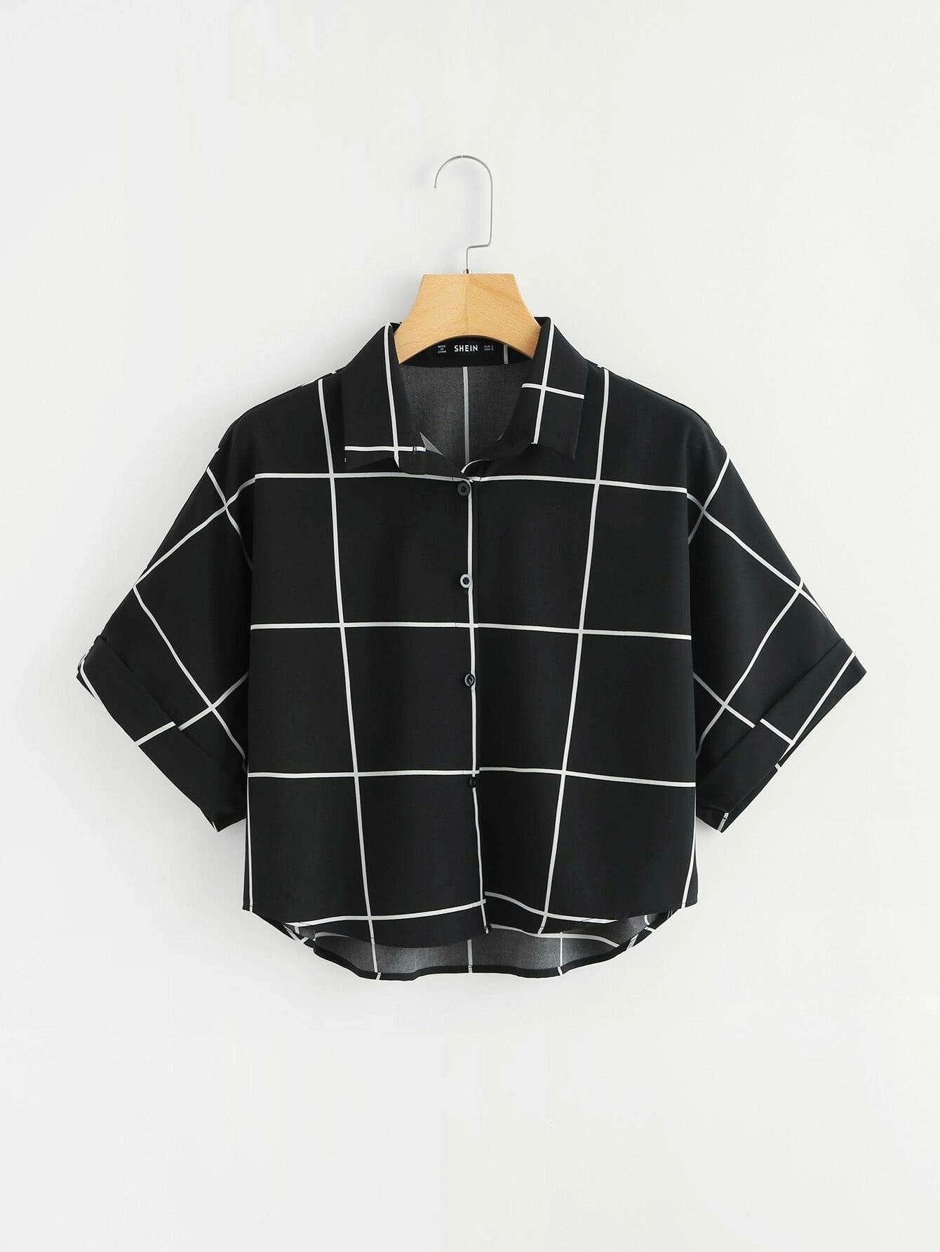 Cuffed Sleeve Dip Hem Grid Shirt | SHEIN