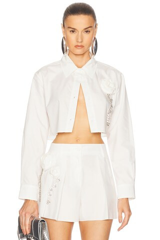 AREA Crystal Rosette Poplin Cropped Shirt in Ivory | FWRD 