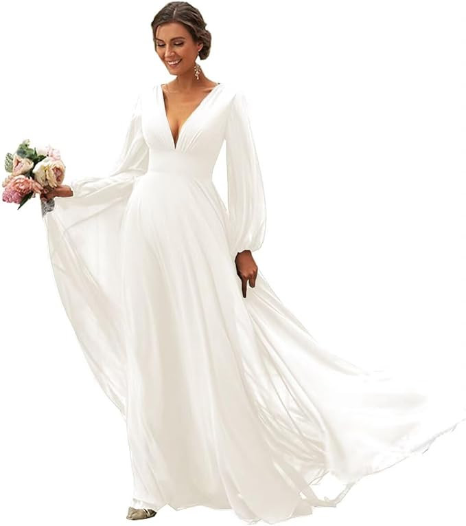 PINMJEE Women's Long Sleeves Bridesmaid Dresses V-Neck Chiffon A Line Formal Dress Evening Gowns ... | Amazon (US)