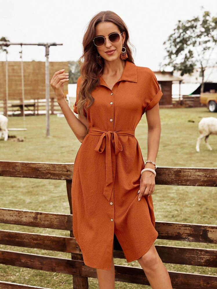 EMERY ROSE Solid Belted Shirt Dress | SHEIN