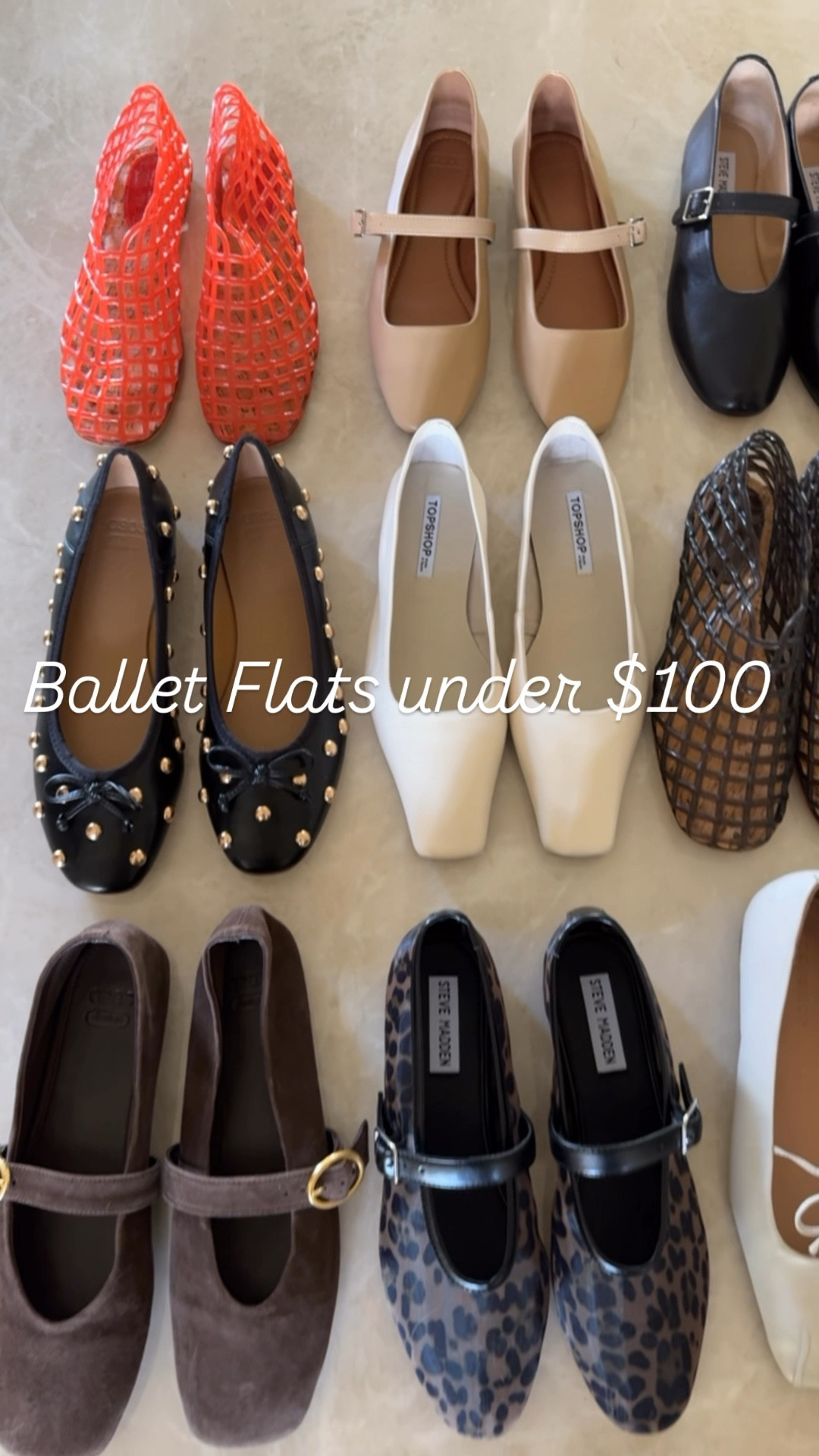 The best of Ballet Flats under $100. All run TTS EXCEPT 
The off white squared toe, the black with gold studs, and the brown suede — those run large so I recommend sizing down 1/2

#LTKFindsUnder100 #LTKFindsUnder50 #LTKShoeCrush