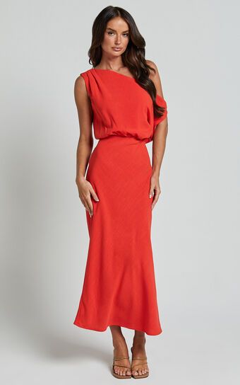 Jacqueline Midi Dress - Linen Look One Shoulder Dress in Sunset | Showpo (US, UK & Europe)
