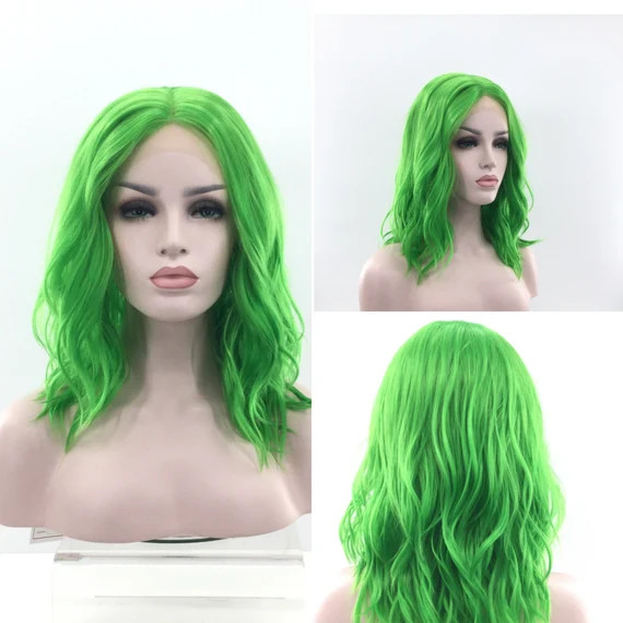 Luxurious LACE-FRONT Center Part High-Heat Synthetic Fiber Wavy Long Bob Wig GREEN | Etsy (US)