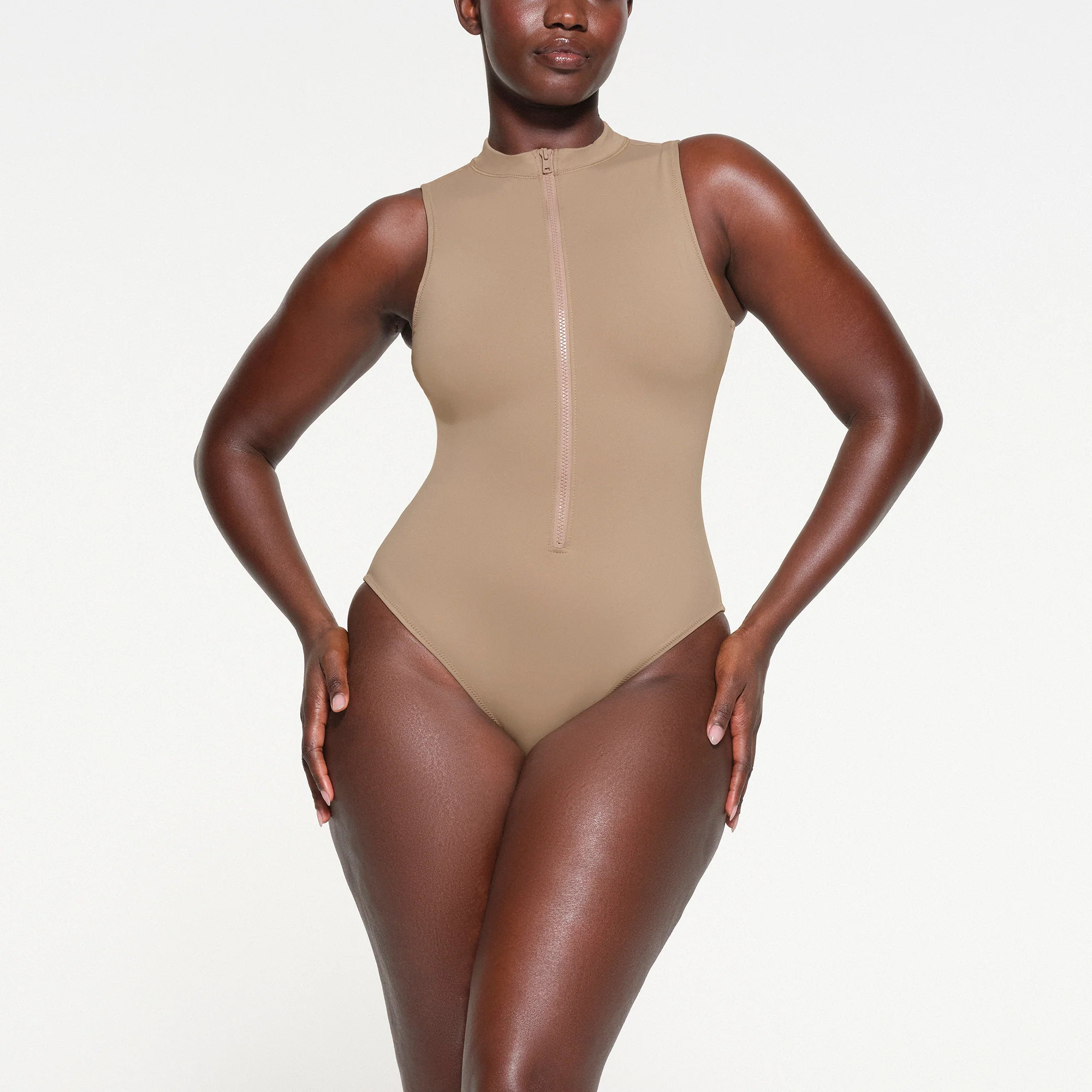 SKIMS Zip Front Sleeveless One Piece | Medium Neutral | Signature Swim | SKIMS (US)