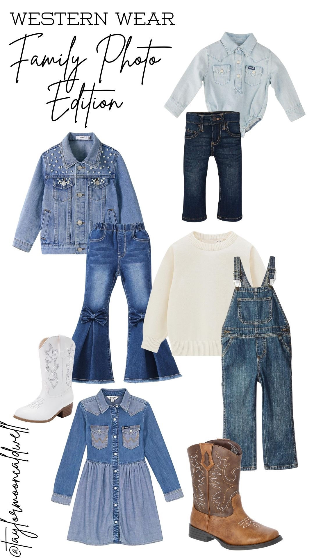 The sweetest western denim looks for your little cowboys + cowgirls! This roundup has everything you need for perfectly coordinated family photos—denim dresses, pearl-embellished jackets, flare jeans with bows, overalls, cowboy boots, and chambray tops. These pieces mix beautifully for fall minis, ranch sessions, holiday photos, or any western-themed family shoot.

Neutral, timeless, and so camera-ready—shop all the kids’ western outfits below! 🤎✨

#LTKHoliday #LTKCyberWeek #LTKSeasonal