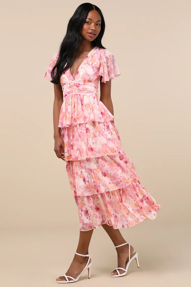 Nalia Pink Abstract Print Tiered Tie-Back Midi Dress | Lulus