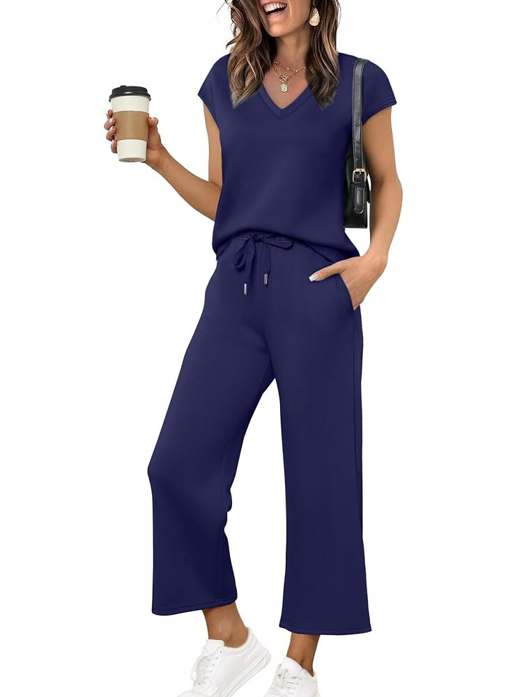 Saloogoe Two Piece Sets for Women Summer Outfits Lounge Sets V Neck Tops Wide Leg Pants Woman Vac... | Amazon (US)