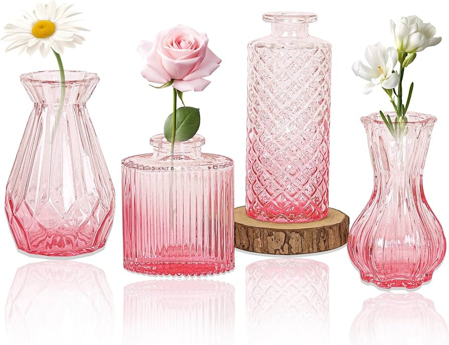 Set of 4 Glass Bud Vase Set, Small Vintage Clear Flower Vase Centerpieces for Table Bulk Cute Rus... | Amazon (US)