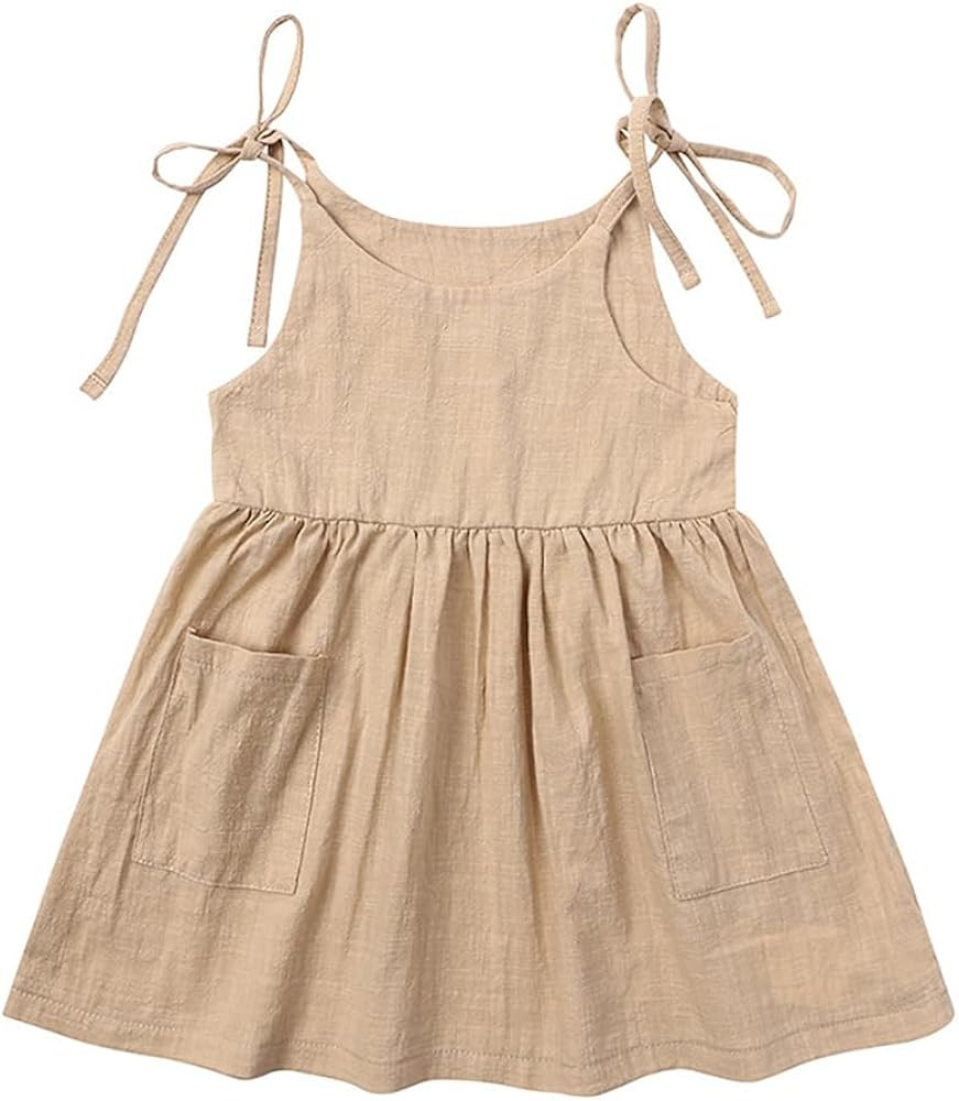 Toddler Baby Girl Summer Cotton Linen White Dresses Bow Straps Sleeveless with Pockets Casual Sun... | Amazon (US)