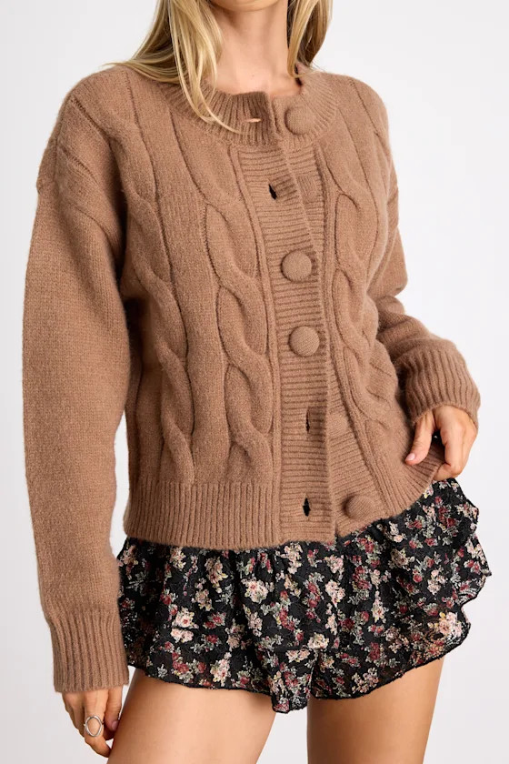 Lenorah Light Brown Cable Knit Chunky Cardigan Sweater | Lulus