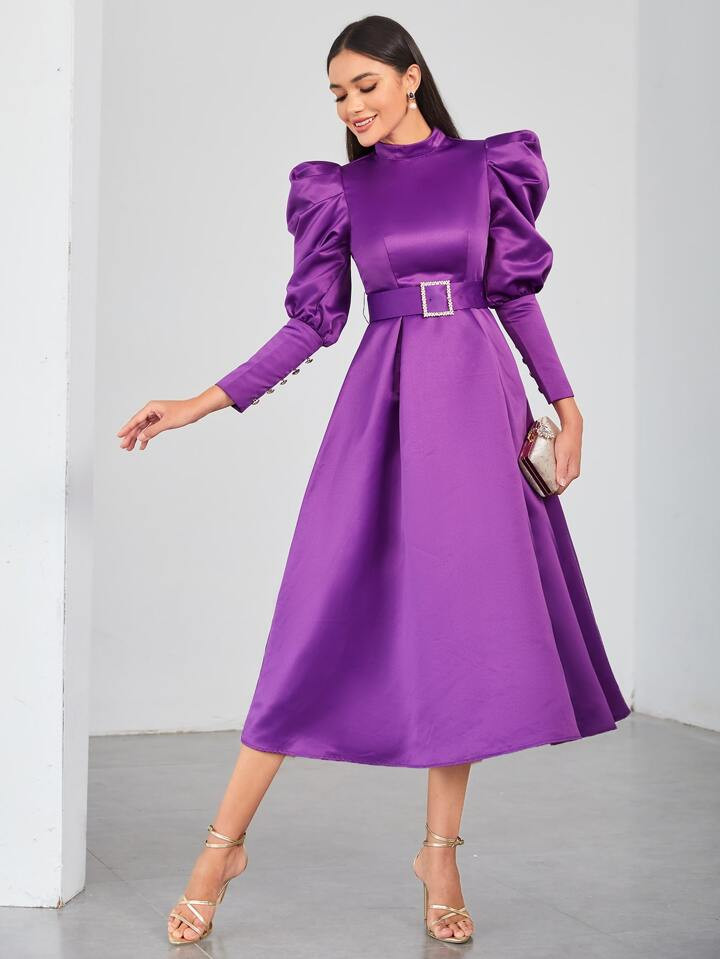 SHEIN Modely Gigot Sleeve Buckle Belted Mock Neck Dress | SHEIN