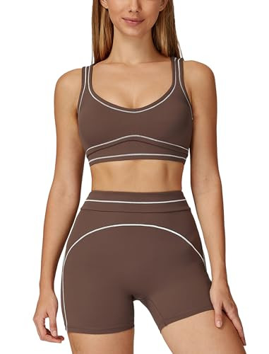 ABOCIW Womens Two Piece Workout Sets U Back Contrast Trim Sports Bra Matching High Waist Shorts 2 Piece Gym Sets Woman Yoga Pilates Outfits Active Wear Athletic Work Out Clothes Brown Large | Amazon (US)