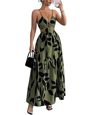 Floerns Women's Cut Out Tie Back Spaghetti Strap Tiered Long Dresses | Sleeveless, Hawaiian, Beac... | Amazon (US)