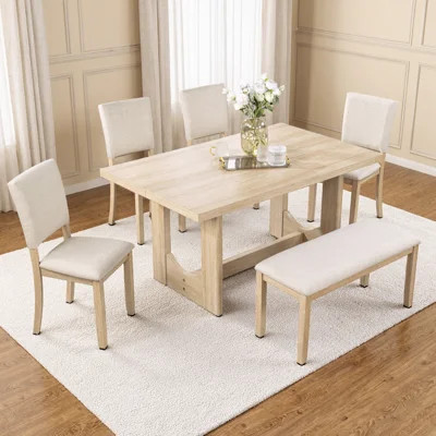 Taverno 6-Piece Light Oak Dining Set, 57" Table w/ U-Base + Bench + 4 Beige Chairs, Seats 6, 330 lb Cap | Wayfair North America