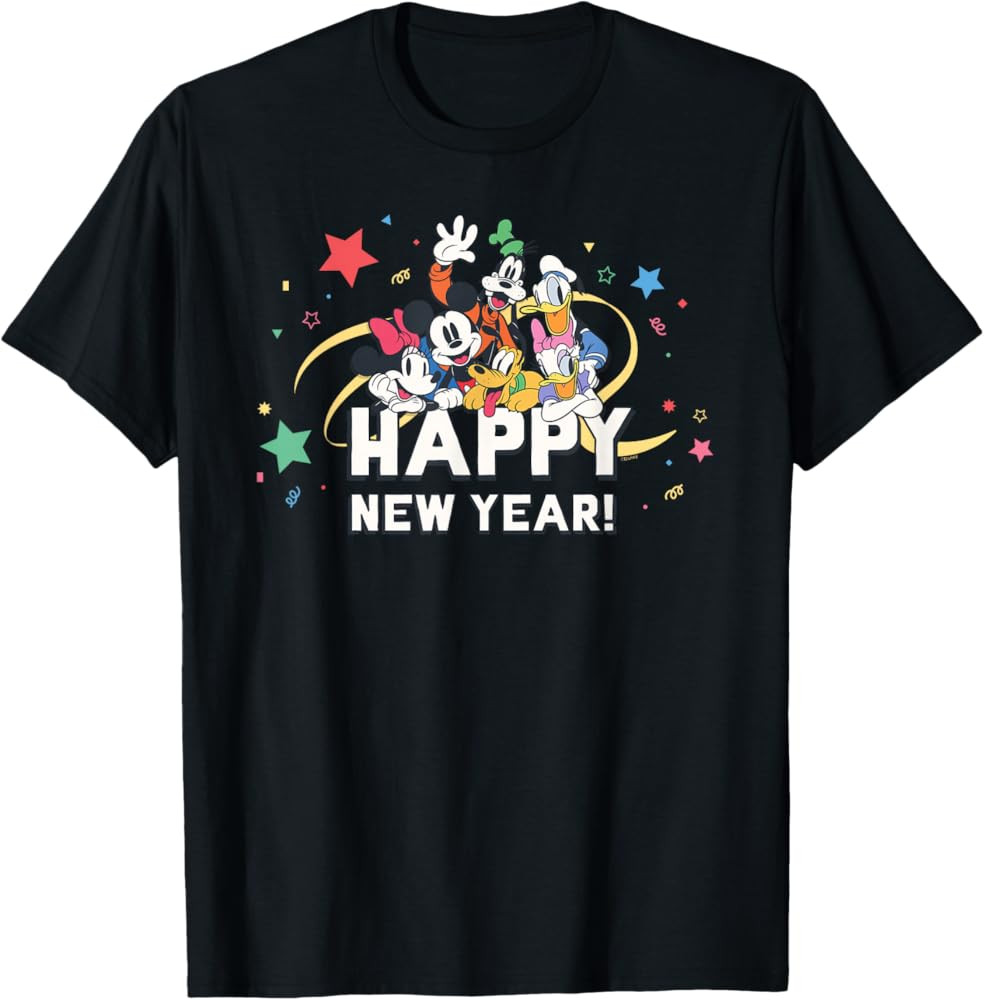 Disney Mickey Mouse & Pals Retro Happy New Year Celebration T-Shirt | Amazon (US)
