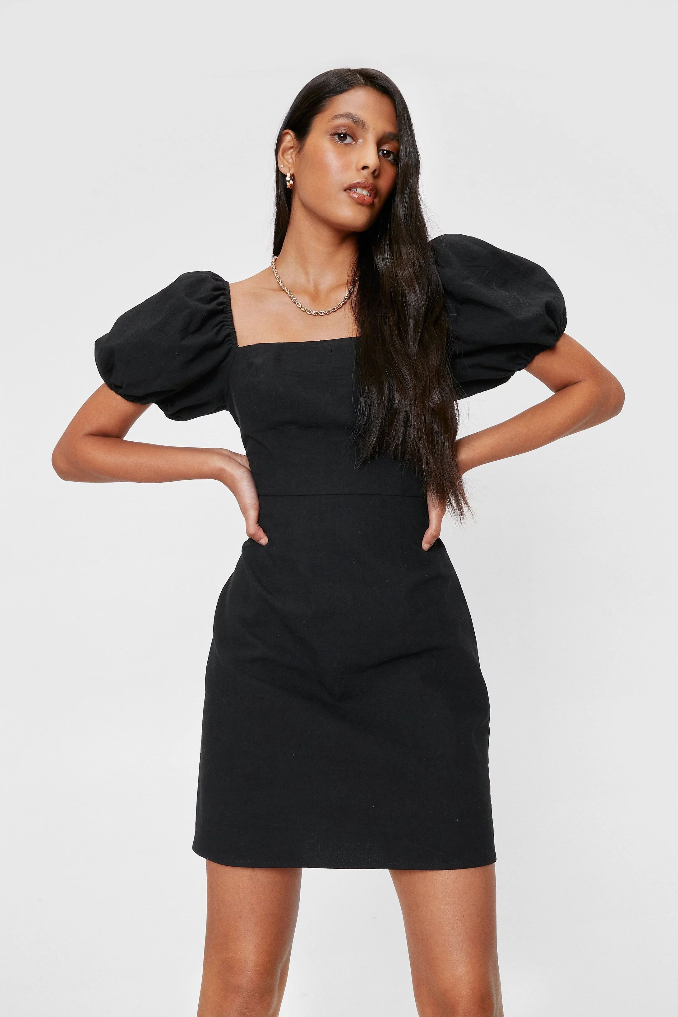 Puff Sleeve Linen Look Mini Dress | Nasty Gal (US)