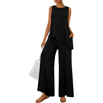 PRETTYGARDEN Women's 2026 Two Piece Matching Lounge Sets Asymmetrical Split Tank Tops Wide Leg Pa... | Amazon (US)