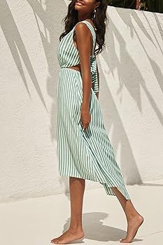 CUPSHE Women's V-Neck Mid Calf Striped Elastic Waist Dress | Amazon (US)