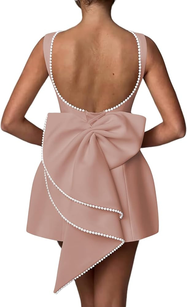 Mini Prom Dress Pearl Satin Evening Dress with Bow Back Bodycon Formal Party Gowns AD045 | Amazon (US)