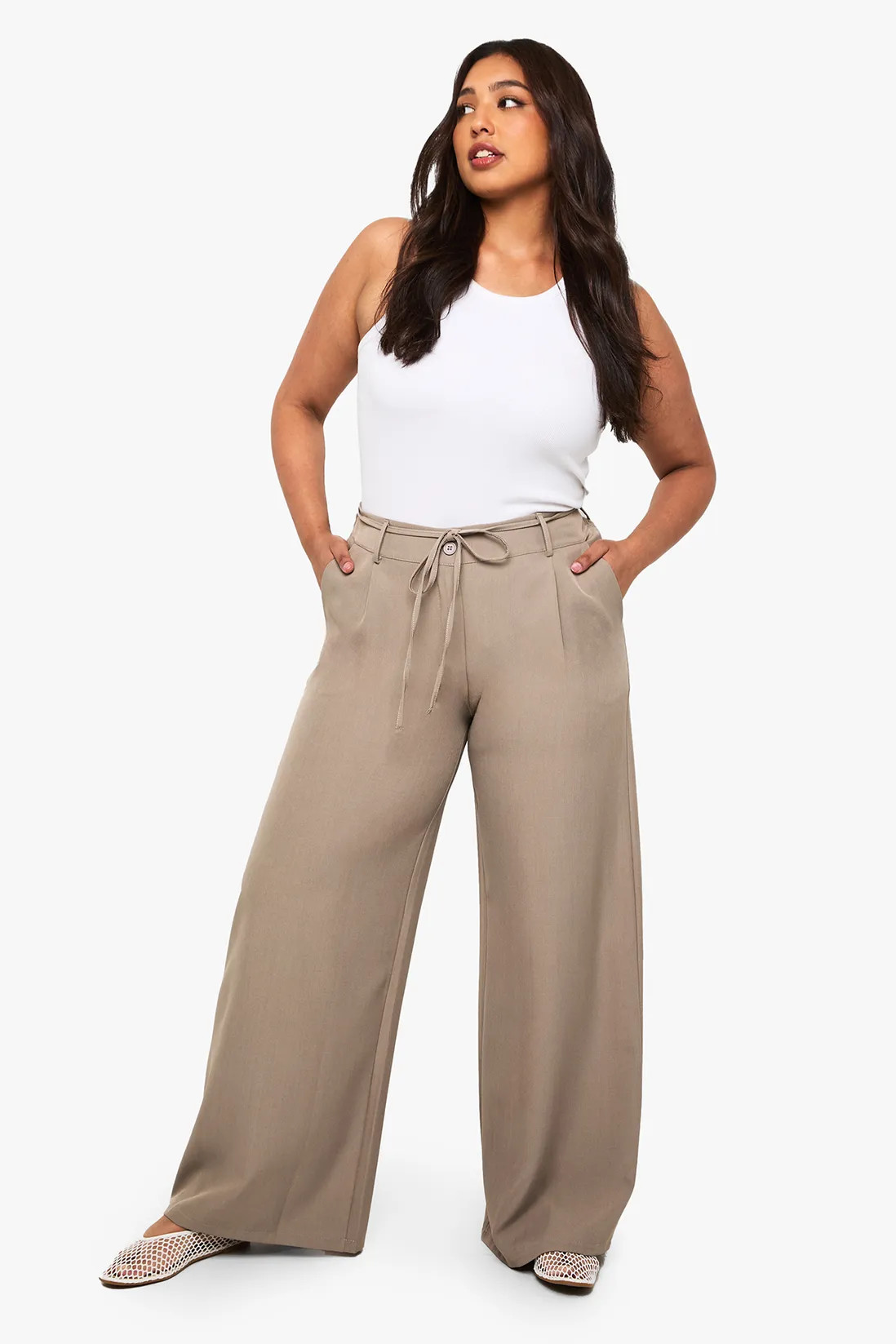 Plus Woven Elasticated Back Tie Belt Wide Leg Trouser | boohoo (US & Canada)