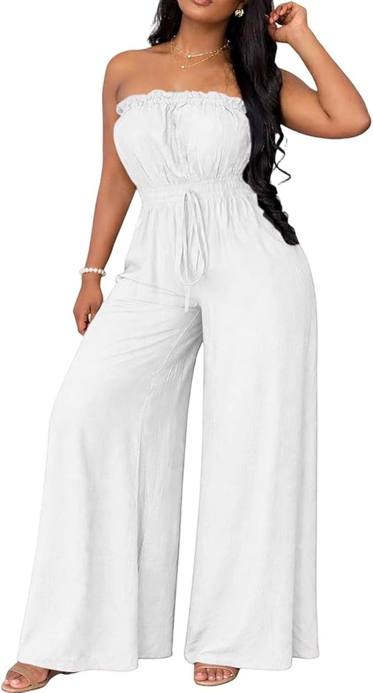 Strapless Jumpsuits For Women Off Shoulder Wide Leg Tube Top Rompers Sexy Flowy Vacation Birthday... | Amazon (US)