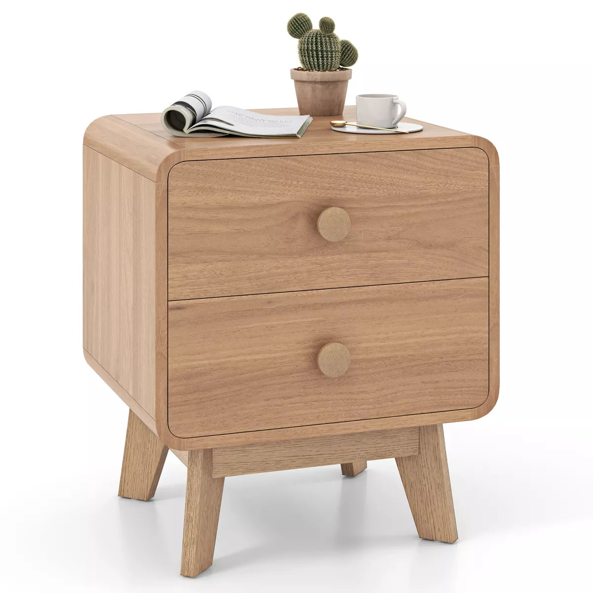 Costway 1/2 PCS Modern Style 2-Drawer Nightstand Bedside Table with Solid Rubber Wood Legs Brown | Target