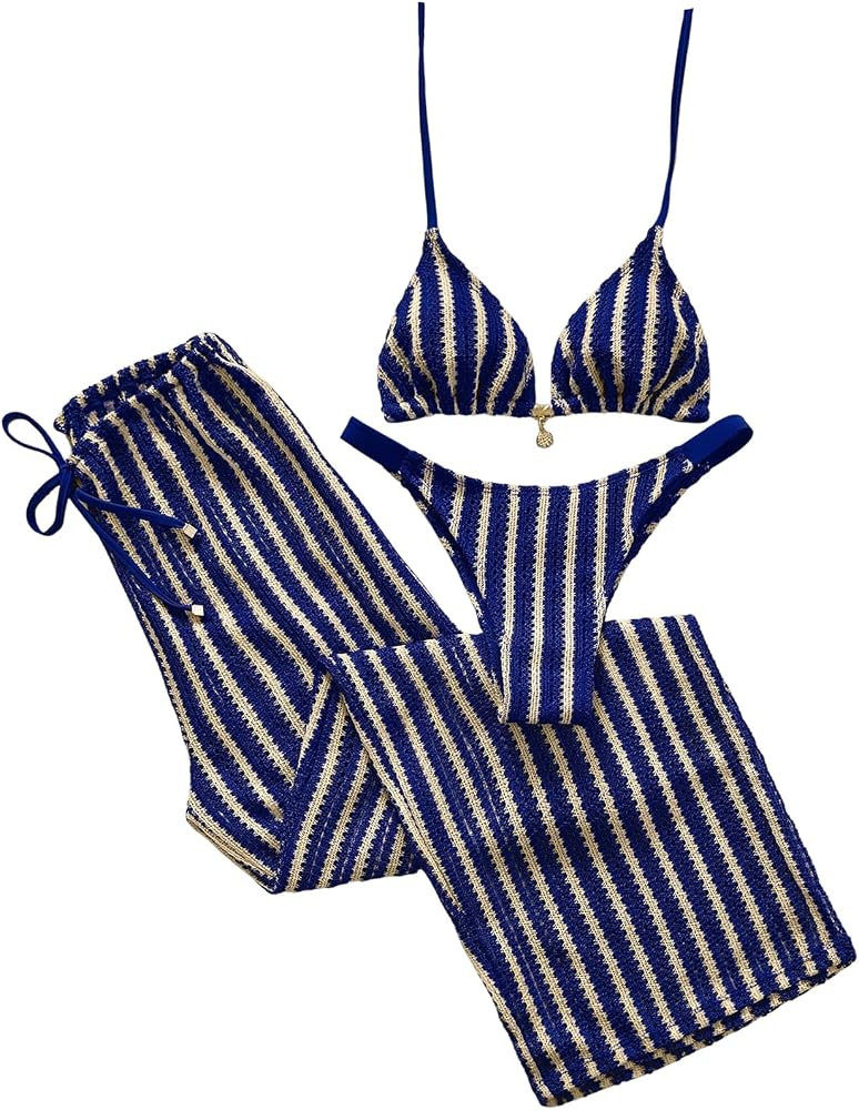 Milumia Women's 3 Piece Crochet Swimsuits Striped Halter Triangle Bikini Set with Cover Up Pants | Amazon (US)