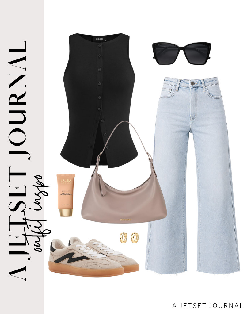 Wear this black CIDER tank top with Allimy ripped capri jeans to start your last outfit. Style it with Montana West shoulder purse and PAVOI huggie earrings. To finish the look, step into these Madden Girl fashion sneakers and apply this LAURA GELLER Quench-n-Tint Tinted Moisturizer. 

 #LTKSeasonal #LTKSaleAlert #LTKTravel