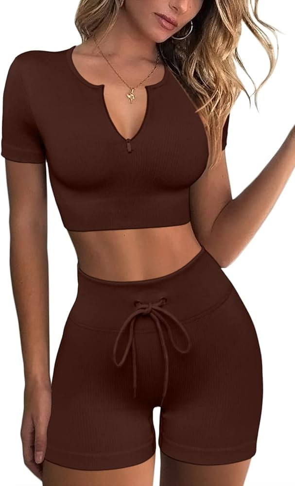 Meyeeka Women's 2 Piece Ribbed Seamless Workout Sets Short Sleeve Crop Top Drawstring Yoga Outfits S | Amazon (US)