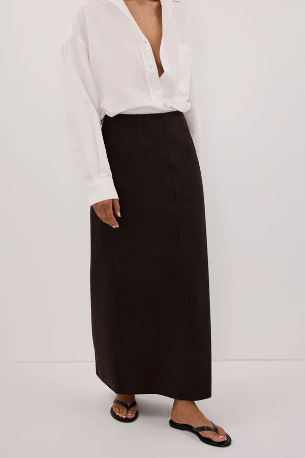 OTIS BITTER CHOC FAUX LEATHER MIDI SKIRT | DISSH