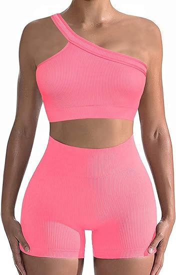 Workout Sets for Women 2 Piece Seamless Sexy One Shoulder Sport Bra High Waist Shorts GMY Yoga Tw... | Amazon (US)