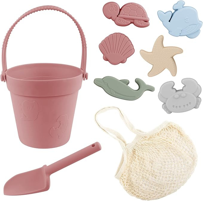 8Pcs Silicone Beach Toys with Portable Beach Bag- Silicone Summer Kids Beach Set with Sand Toy Mo... | Amazon (US)