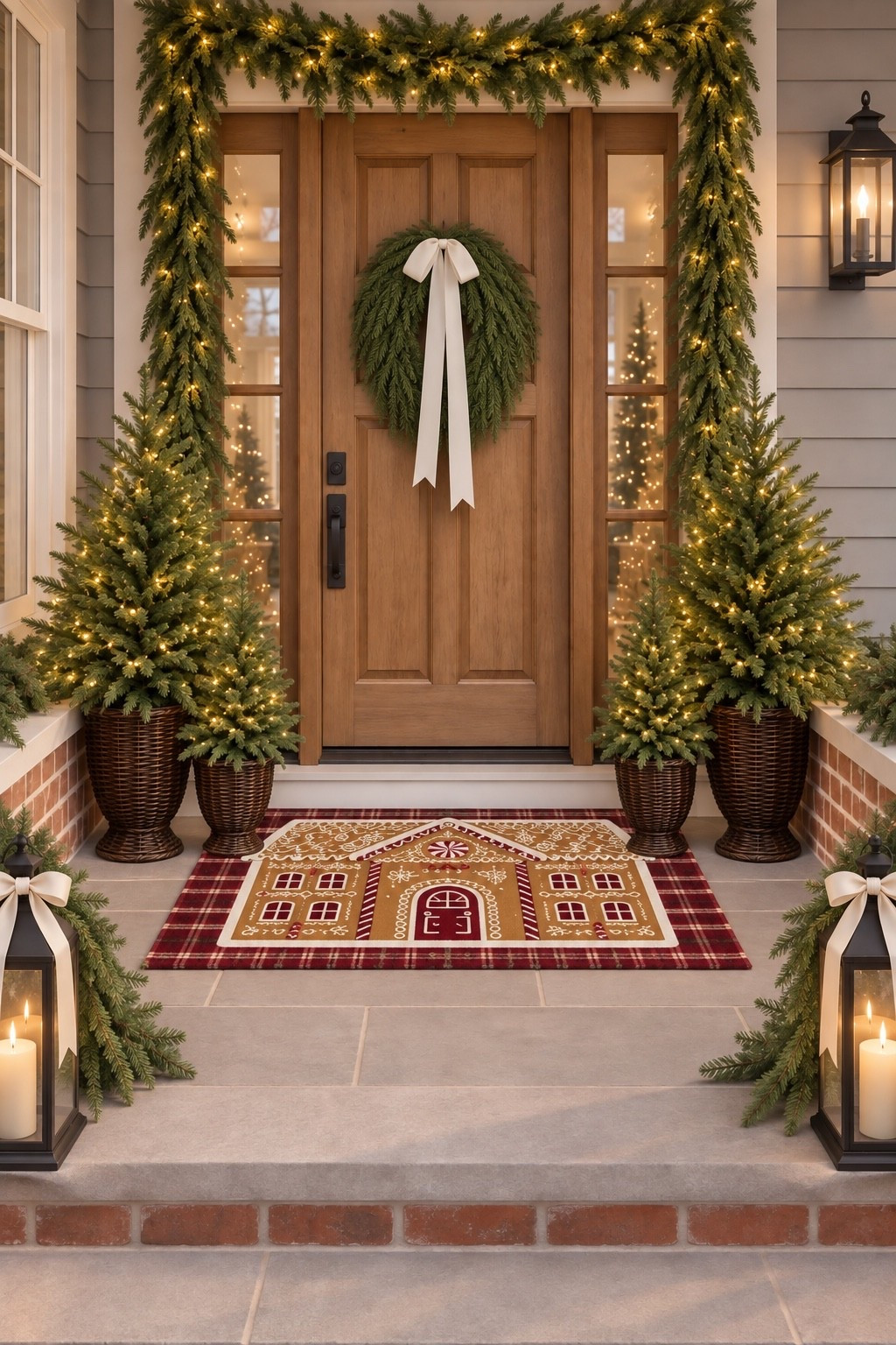 Christmas porch magic 🎄✨ I’m loving this cozy, classic look! The greenery, warm lights, wicker trees, and that gingerbread doormat make the sweetest welcome for the holidays. 🤎

#LTKSeasonal #LTKHome