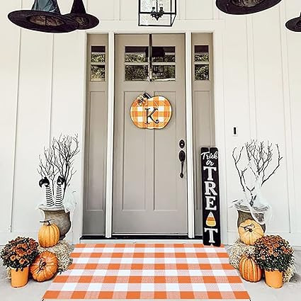 Orange and White Plaid Rug, 3 x 5 Feet Fall Front Decor Door Mat Cotton Hand-Woven Rug for Layere... | Amazon (US)