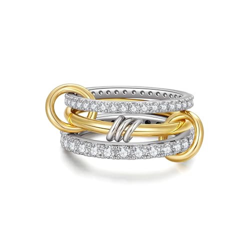 TLY Gold Silver Stackable Rings for Women Mixed Metal Interlocked Statement Ring Stack 14K Gold Plated Cubic Zirconia Fashion Two Tone Connected Bands Size 4-11 | Amazon (US)