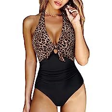 RXRXCOCO Women Tie Knot One Piece Swimsuits Tummy Control Ruched Swimwear Halter Bathing Suit | Amazon (US)