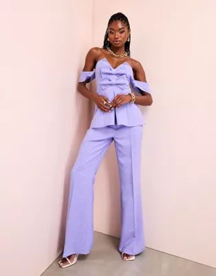 ASOS LUXE linen look off shoulder tailored top with bow detail and tailored trou | ASOS (Global)