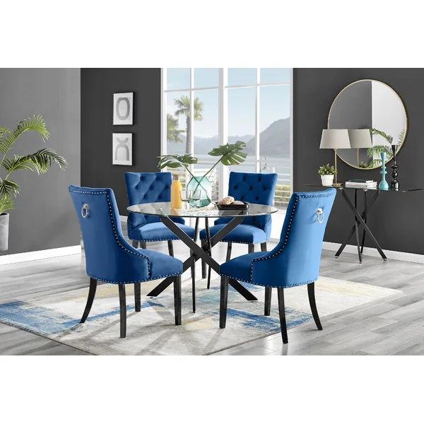 Tierra 4 Seat Round Dining Table Set Black Legs and Glass with 4 Modern Velvet Dining Chairs | Wayfair North America